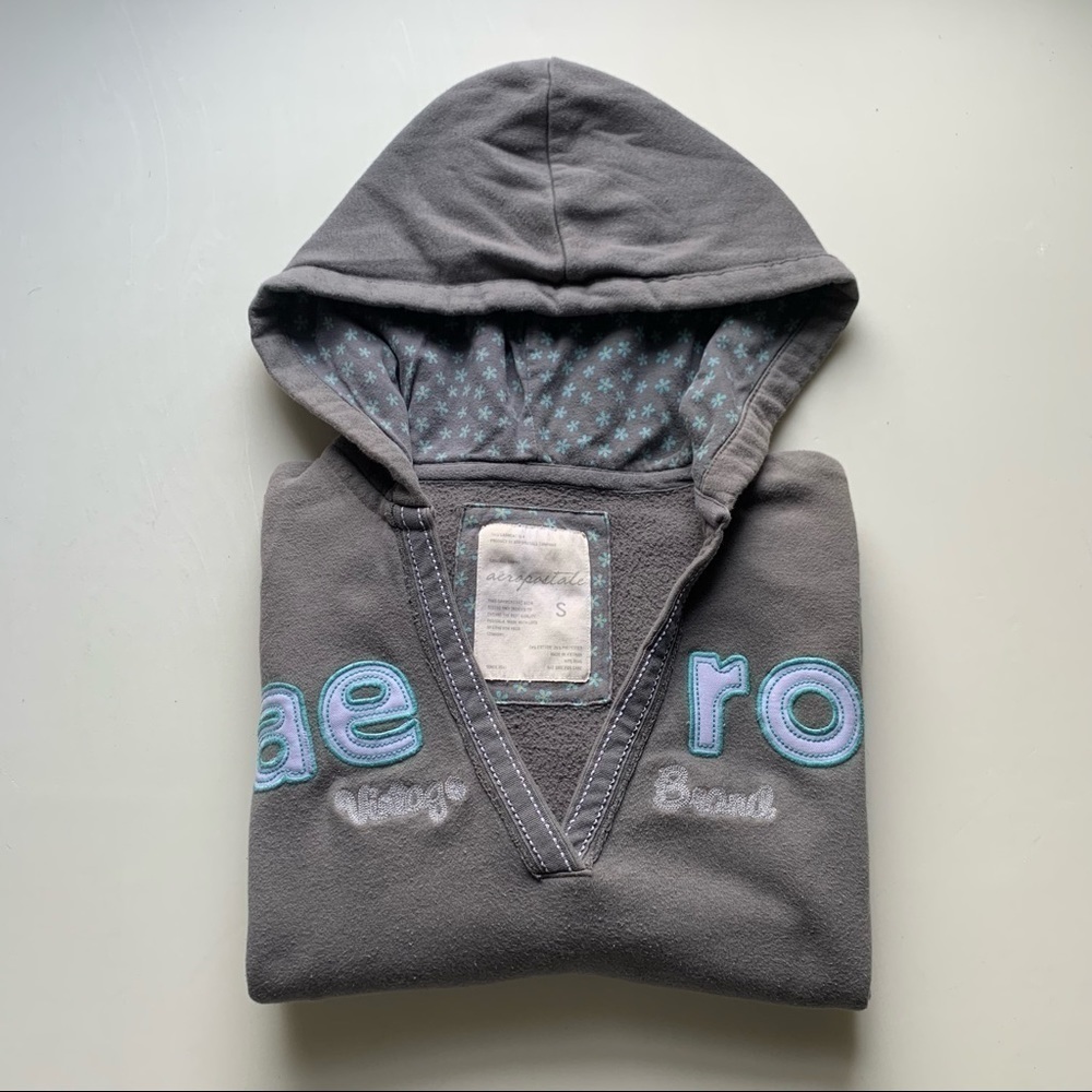 Aeropostale Vintage Y2K Soft Gray & Neon Blue Hoodie